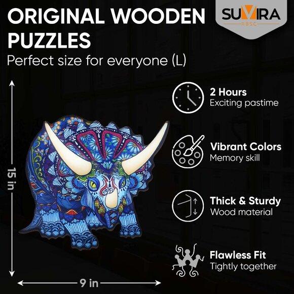 Animal Wooden Jigsaw Puzzle Engaging, Educational, and Eco-Friendly TRICERATOR - Picture 7 of 8
